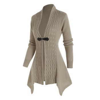 

Cable Knit Open Front Buckle Asymmetric Cardigan, Light coffee