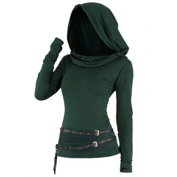 Women Long Sleeve Solid Color Hooded Top Ruched Curved Hem Casual Top With Double Belts Clothing S Deep green