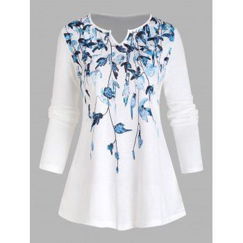 

Leaf Print T Shirt Long Sleeve Notched Casual Tee, Light gray