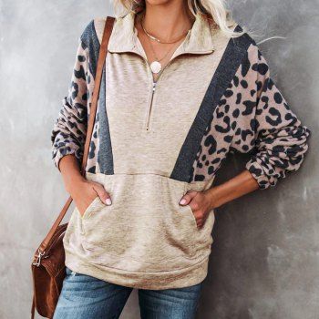 

Contrast Colorblock Sweatshirt Leopard Print Panel Kangaroo Pocket Zipper Sweatshirt, Light coffee