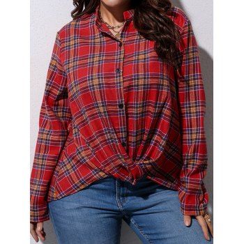 

Plus Size Shirt Vintage Shirt Plaid Print Twisted Stand Collar Button Up Shirt, Red