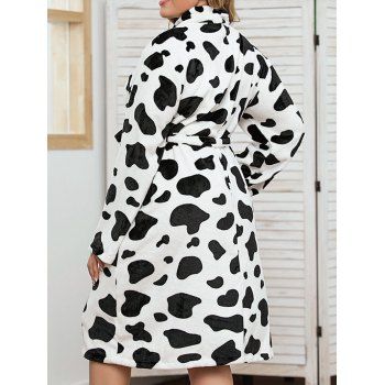 Plus Size Sleepwear Fluffy Cow Print Belted Long Sleeve Robe