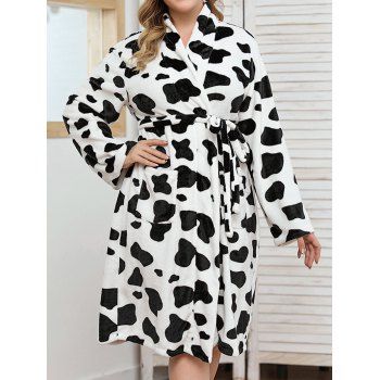 

Plus Size Sleepwear Fluffy Cow Print Belted Long Sleeve Robe, Black