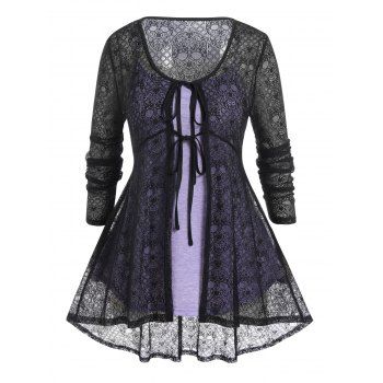 

Plus Size Set Heather Cami Top And Skull Print Lace Tied Long Sleeve Top, Light purple