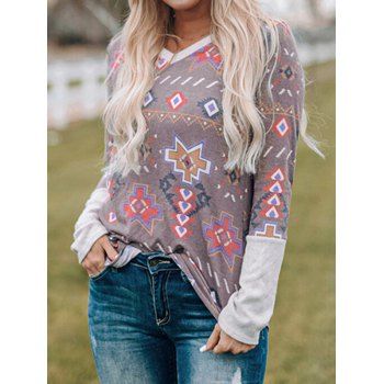 

Geometric Print T Shirt Colorblock T Shirt V Neck Long Sleeve Tee, Light coffee