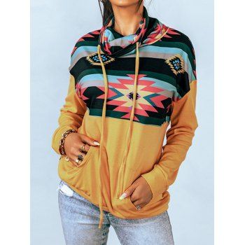 

Striped Printed Sweatshirt Cowl Neck Drawstring Kangaroo Pocket Long Sleeve Sweatshirt, Yellow