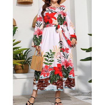 

Plus Size Dress Leaf Flower Print Belted High Waisted Long Sleeve A Line Maxi Dress, Red
