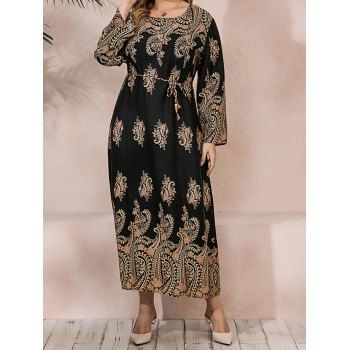 Plus Size Dress Vintage Dress Printed Belted Long Sleeve High Waisted A Line Maxi Dress