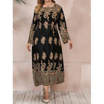 

Plus Size Dress Vintage Dress Printed Belted Long Sleeve High Waisted A Line Maxi Dress, Black