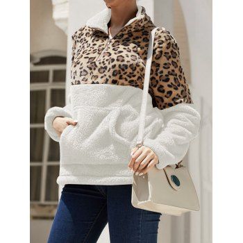 Fluffy Sweatshirt Leopard Print Panel Zipper Front Kangaroo Pocket Long Sleeve Sweatshirt
