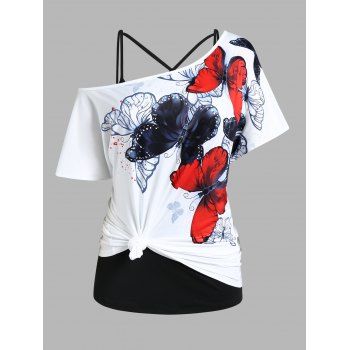 

Plus Size Butterfly Print Knot Skew Collar Short Sleeve T-shirt And Crisscross Basic Camisole Set, Black