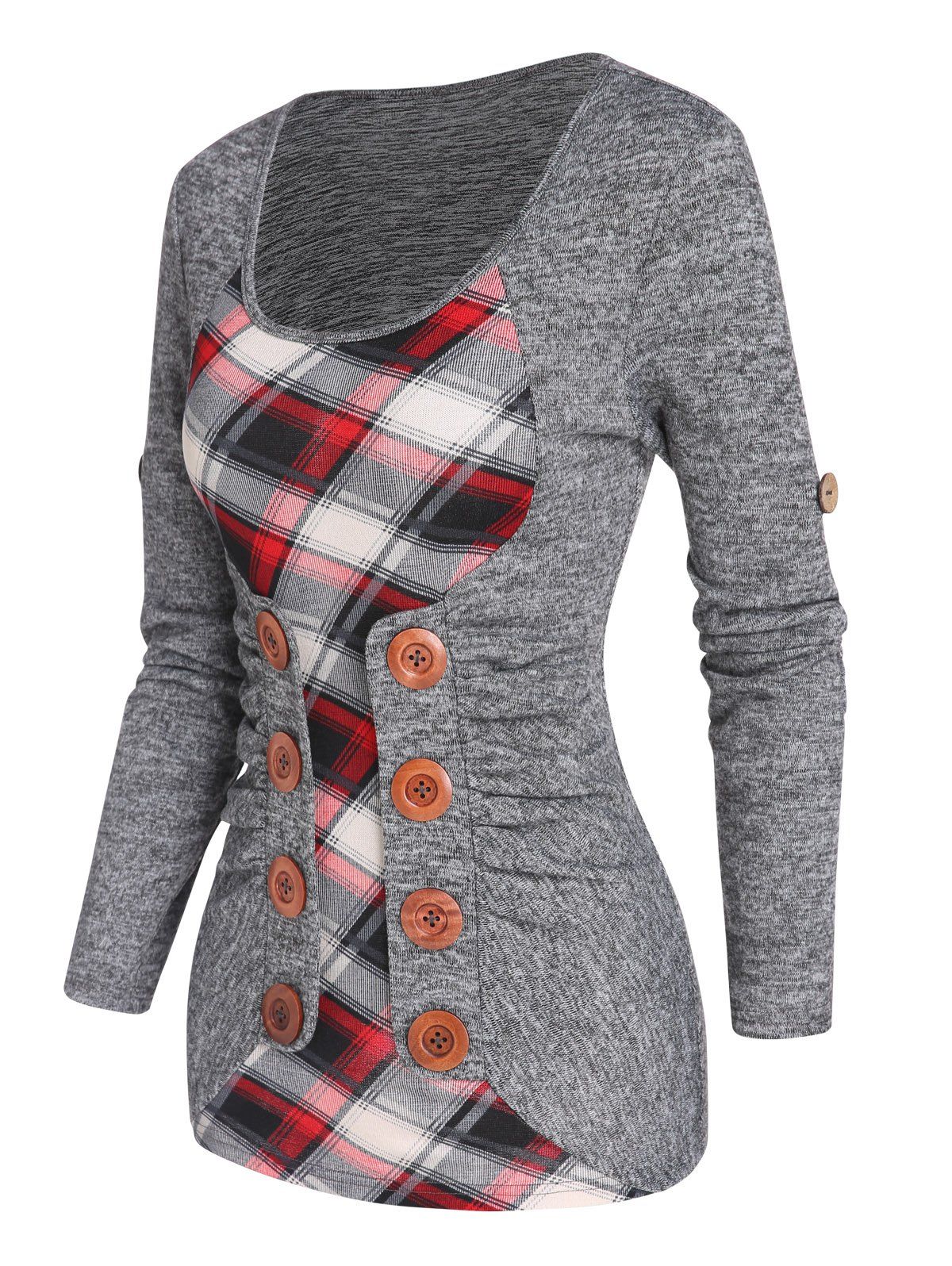 Women Plaid Print Knit Faux Twinset Top Mock Button Long Sleeve 2 In 1 Knitted Top Clothing Xxxl Gray