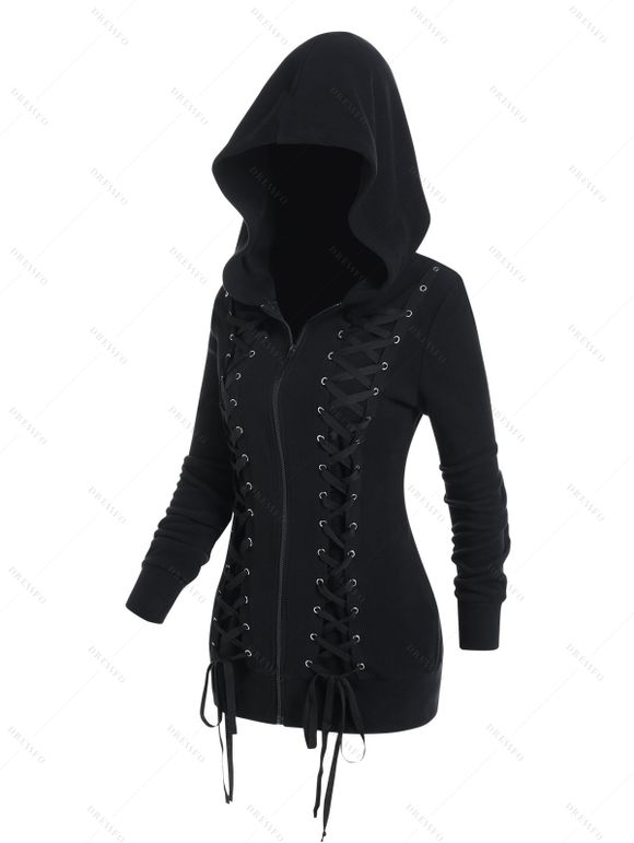 Veste à capuche à lacets et œillets floqués Veste gothique zippée avec capuche - Noir XL