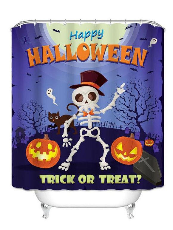Rideau de Douche Imperméable à Imprimé Paysage Citrouille Squelette dans la Nuit D'Halloween - multicolor 