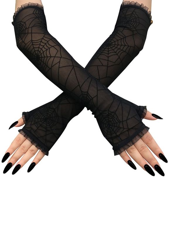 Gants sans Doigts en Dentelle D'Halloween Costume Ligne A en Toile D'Araignée - Noir 