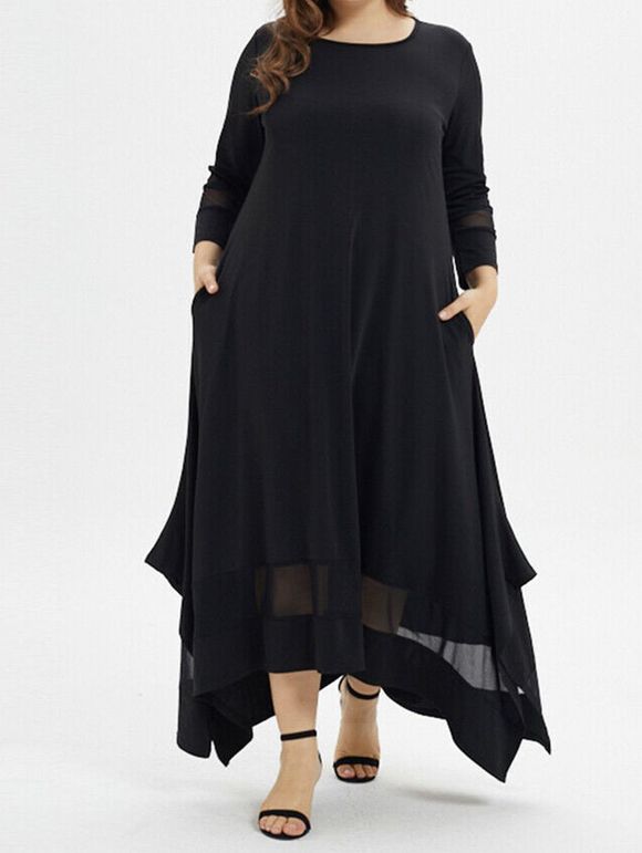 Plus Size Dress Mesh Panel Maxi Dress Asymmetric Side Slit Hidden Pockets Dress - BLACK XL