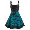 Plus Size Dress Lace Up Bat Print Colorblock High Waist A Line Mini Dress - BLACK 5X