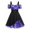 Plus Size Dress Contrast Colorblock Plaid Print Ruffle Bowknot Cold Shoulder A Line Midi Dress - PURPLE L