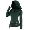 Long Sleeve Solid Color Hooded Top Ruched Curved Hem Casual Top With Double Belts