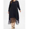 Plus Size Dress Lace Panel Solid Color V Neck Long Sleeve Midi Dress - BLACK XL