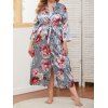 Plus Size Sleepwear Flower Print Belted Three Quater Sleeve Wrap Sleepwear - LIGHT GRAY 5XL