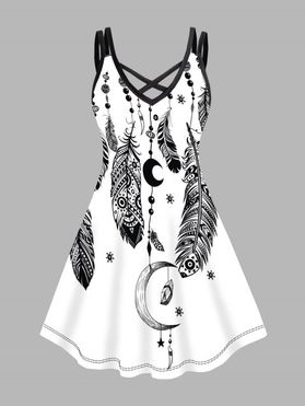 Plus Size Dress Dream Catcher Feather Moon Print Crisscross A Line Mini Dress