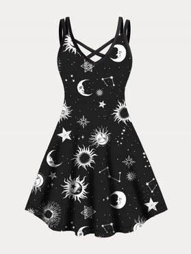 Plus Size Dress Vintage Dress Sun Moon Star Print Crisscross A Line Mini Dress