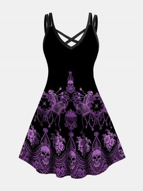 Plus Size Dress Gothic Dress Crisscross Skull Flower Print A Line Mini Halloween Dress