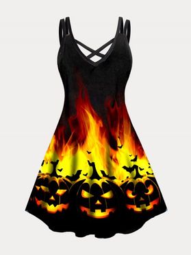 Plus Size Dress Halloween Fire Flame Pumpkin Print Mini Dress Dual Straps Crisscross Cami Dress