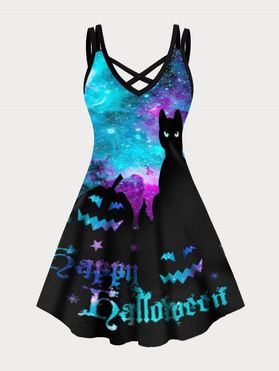Happy Halloween Black Cat Pumpkin Galaxy Print Plus Size Dress Crisscross Dual Straps Cami Mini Dress