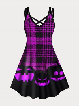Halloween Pumpkin Plaid Print Plus Size Dress Crisscross Dual Straps Mini Dress
