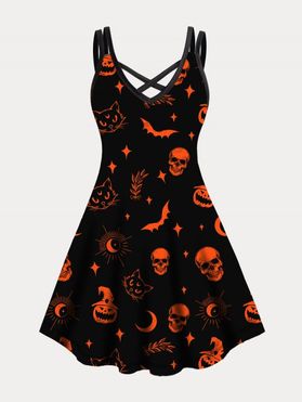 Halloween Dress Plus Size Dress Skull Bat Pumpkin Cat Print Crisscross Gothic A Line Mini Dress