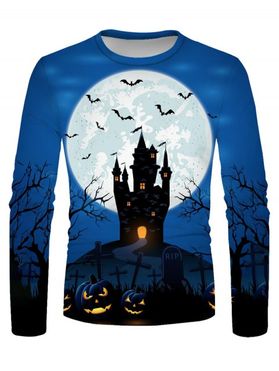 Halloween Moon Night Pumpkin Castle Tree Branches Bat Print T-shirt Long Sleeve Casual Tee