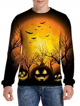 Sweat-shirt D'Halloween à Imprimé Branche D'Arbre Lune et Citrouille à Manches Longues à Col Rond