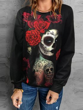 Halloween Sweatshirt Rose Skull Character Print Long Sleeve Gothic Sweatshirt