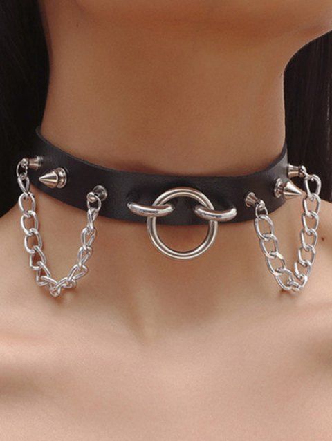 Gothic Punk Rivets Chain O Ring PU Adjustable Choker Necklace
