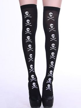 Halloween Skull Bone Cross Print Thigh High Socks