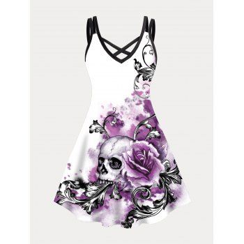 

Plus Size Dress Rose Skull Print Tie Dye Crisscross A Line Mini Dress, White