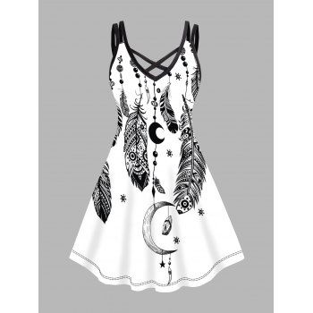 

Plus Size Dress Dream Catcher Feather Moon Print Crisscross A Line Mini Dress, White