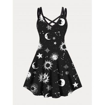 

Plus Size Dress Vintage Dress Sun Moon Star Print Crisscross A Line Mini Dress, Black