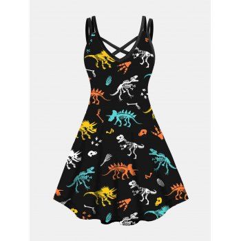 

Plus Size Dress Colored Skeleton Dinasours Print Crisscross A Line Mini Dress, Black