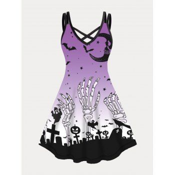 

Plus Size Dress Gothic Dress Pumpkin Cross Moon Bat Ghost Print Crisscross A Line Mini Halloween Dress, Purple