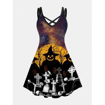 

Plus Size Dress Halloween Dress Galaxy Pumpkin Witch Hat Skull Cross Skeleton Print Crisscross A Line Mini Dress, Black