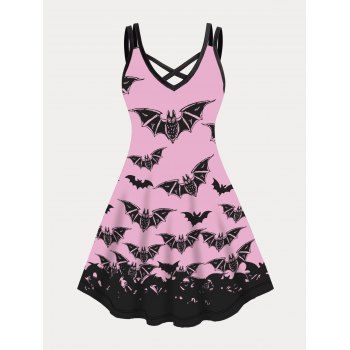 

Plus Size Dress Allover Bat Print Gothic Dress Crisscross A Line Mini Dress, Light pink