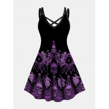 

Plus Size Dress Gothic Dress Crisscross Skull Flower Print A Line Mini Halloween Dress, Black