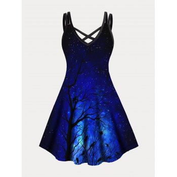 

Plus Size Dress Tree Branches Starry Night Print Crisscross A Line Mini Dress, Black