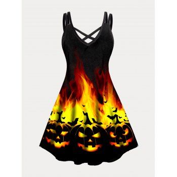 

Plus Size Dress Halloween Fire Flame Pumpkin Print Mini Dress Dual Straps Crisscross Cami Dress, Orange