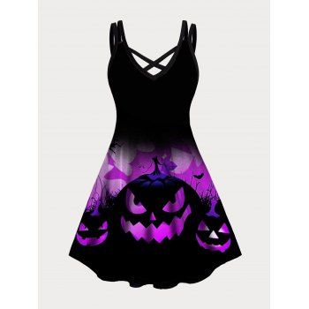 

Plus Size Pumpkin Ombre Print Halloween Dress Dual Straps Crisscross Mini Cami Dress, Purple