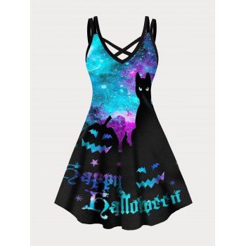 

Happy Halloween Black Cat Pumpkin Galaxy Print Plus Size Dress Crisscross Dual Straps Cami Mini Dress, Blue