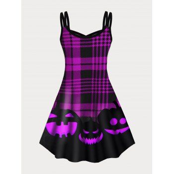Halloween Pumpkin Plaid Print Plus Size Dress Crisscross Dual Straps Mini Dress